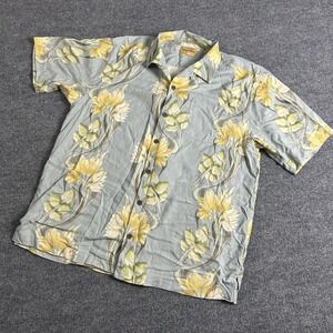 Tommy Bahama Shirt Mens Large Blue Yellow Silk Hawaiian Floral Camp Button Front